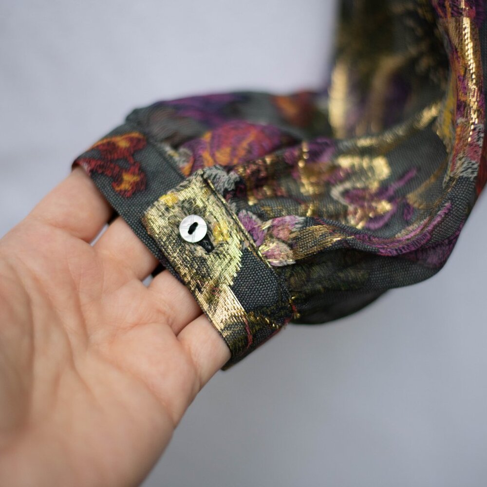 Nicole Miller Artelier M Silk Floral Boho Top Gold Metallic Off-Shoulder Blouse - Picture 3 of 11